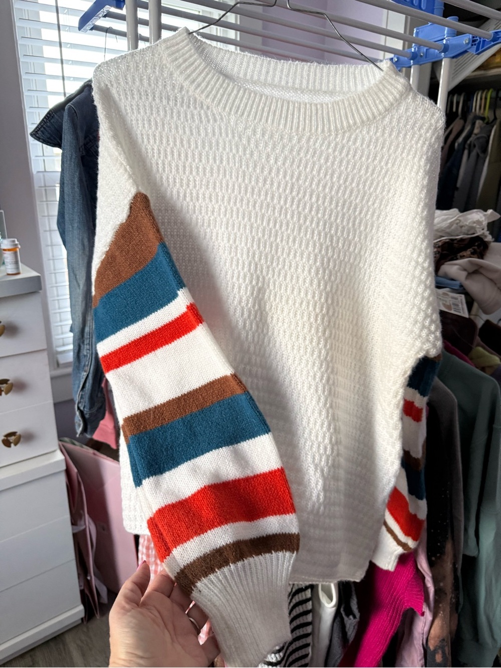 White Sweater with Multicolor Striped Sleeves - Women